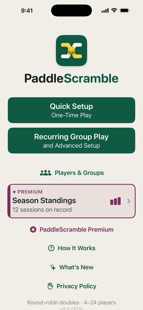 PaddleScramble home screen