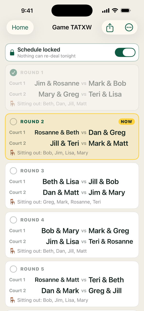A generated round-robin schedule with courts and matchups